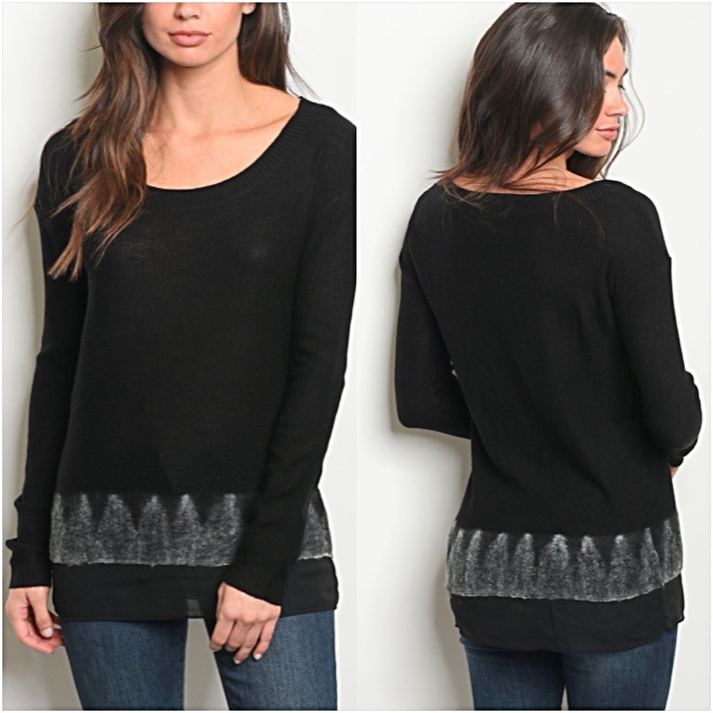 Chiffon Hem Black Knit Tunic Sweater SML - Picture 2 of 5